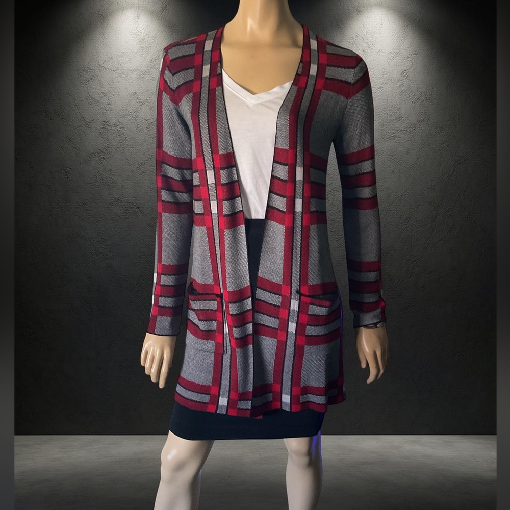JOSEPH A RAVENWOOD PLAID DEEP CRANBERRY OPEN CARDIGAN SWEATER Sz S